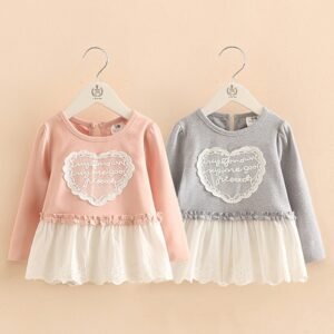 2022 Spring Autumn Casual 2 3 4 5 6 8 10 Years Children Tees O-Neck Tops Lace Patchwork Heart Long Sleeve T-Shirt For Kids Girls