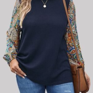 Finjani Plus Size Lantern Sleeve Tee Paisley Print Textured Tops 2022 New Autumn Women's Clothing