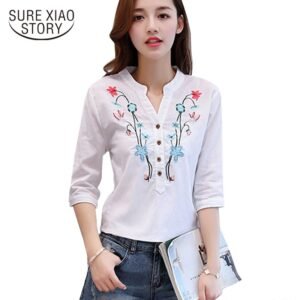 New Cotton Linen V-Neck Women Blouse Shirt Summer Half Sleeved Fashion White OL Blouse V-neck Casual Women Tops Blusas D377 30