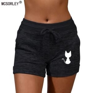 Woman Slim Shorts Cat Print Pattern Low Waist Drawstring Beach Wear  Elastic Seamless Fitness Leggings Push Up Training Shorts
